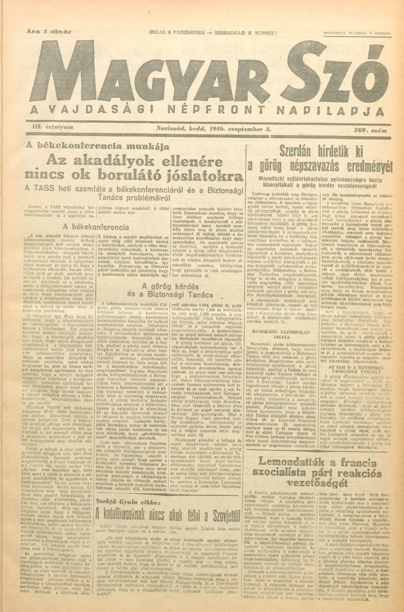 Magyar Szó, 3. évf. 1946. szeptember 3. 209. sz. 1–6. oldal