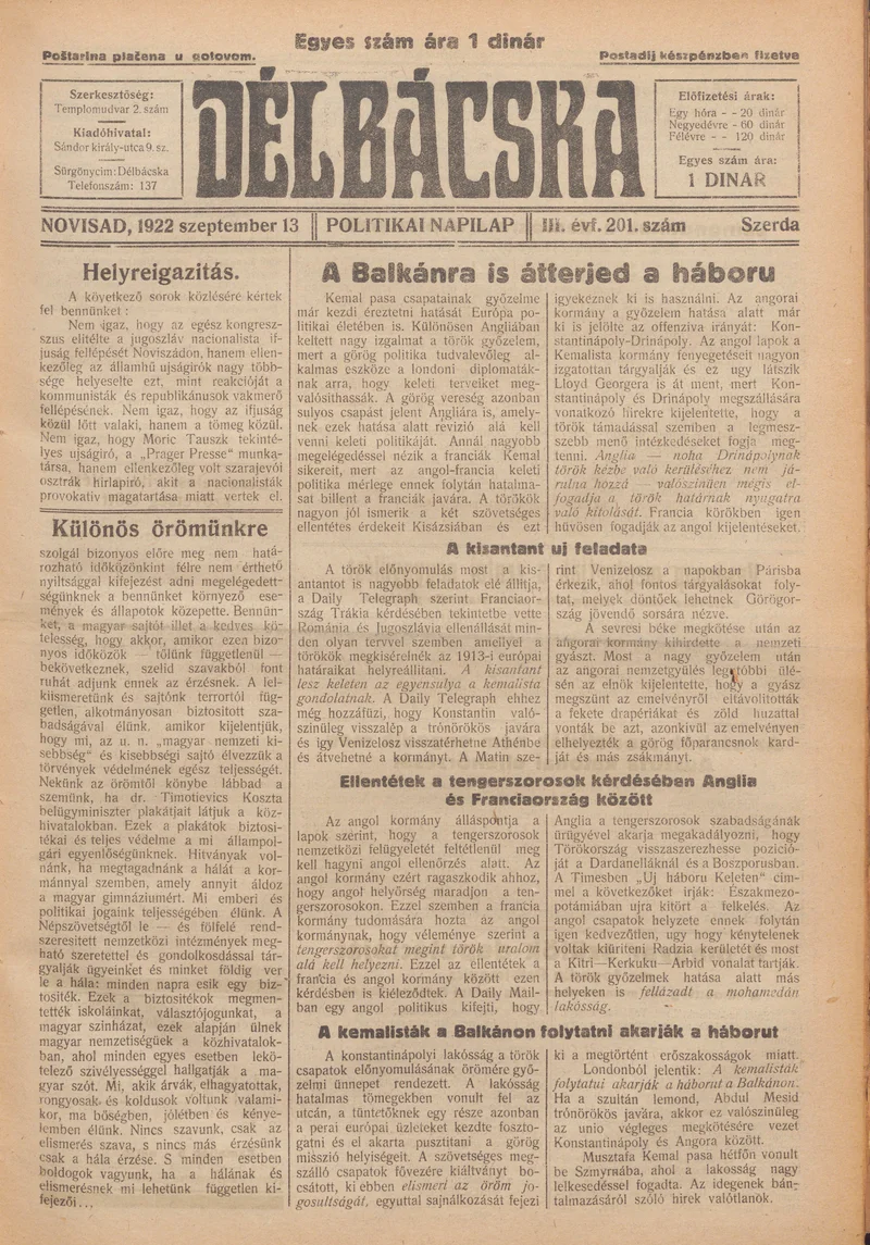 Délbácska, 3. évf. 1922. szeptember 13. 201. sz.
