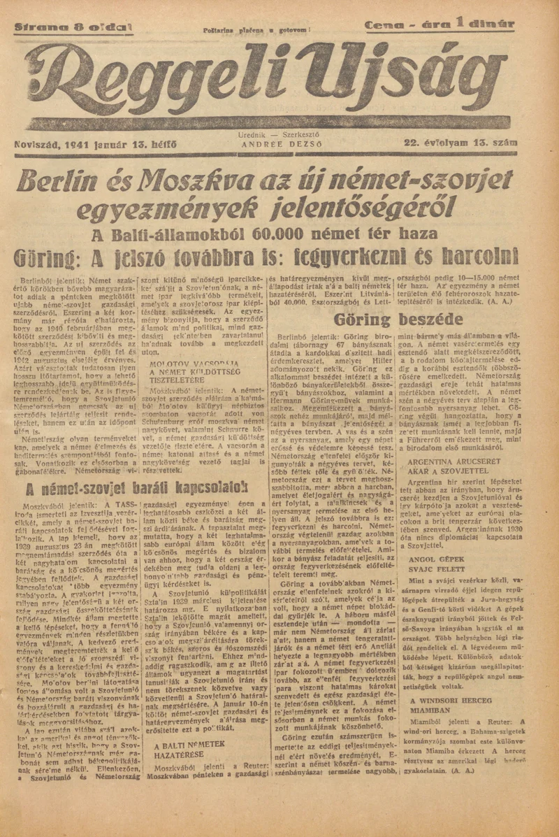 Reggeli Újság, 22. évf. 1941. január 13. 13. sz.