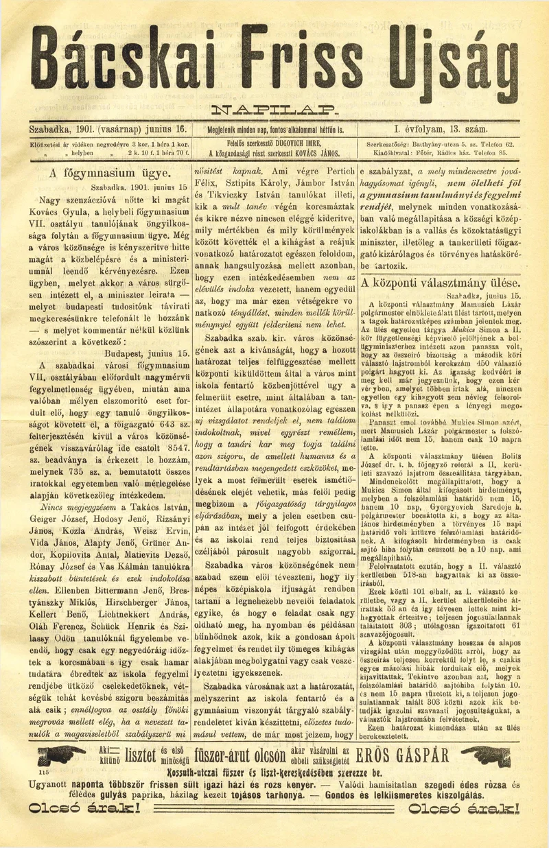Bácskai Friss Ujság, 1. évf. 1901. június 16. 13. sz.