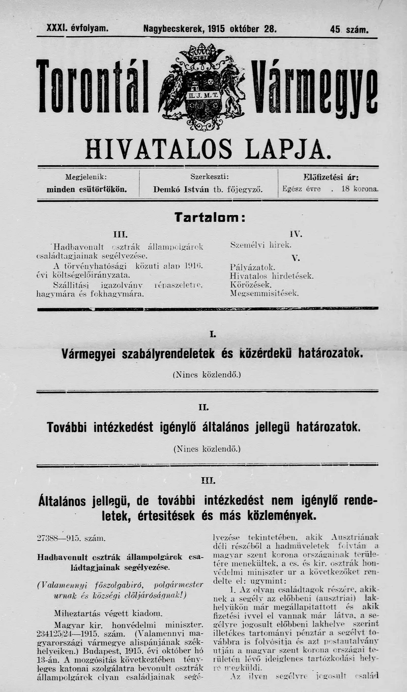 Torontál Vármegye Hivatalos Lapja, 31. évf. 1915. október 28. 45. sz.