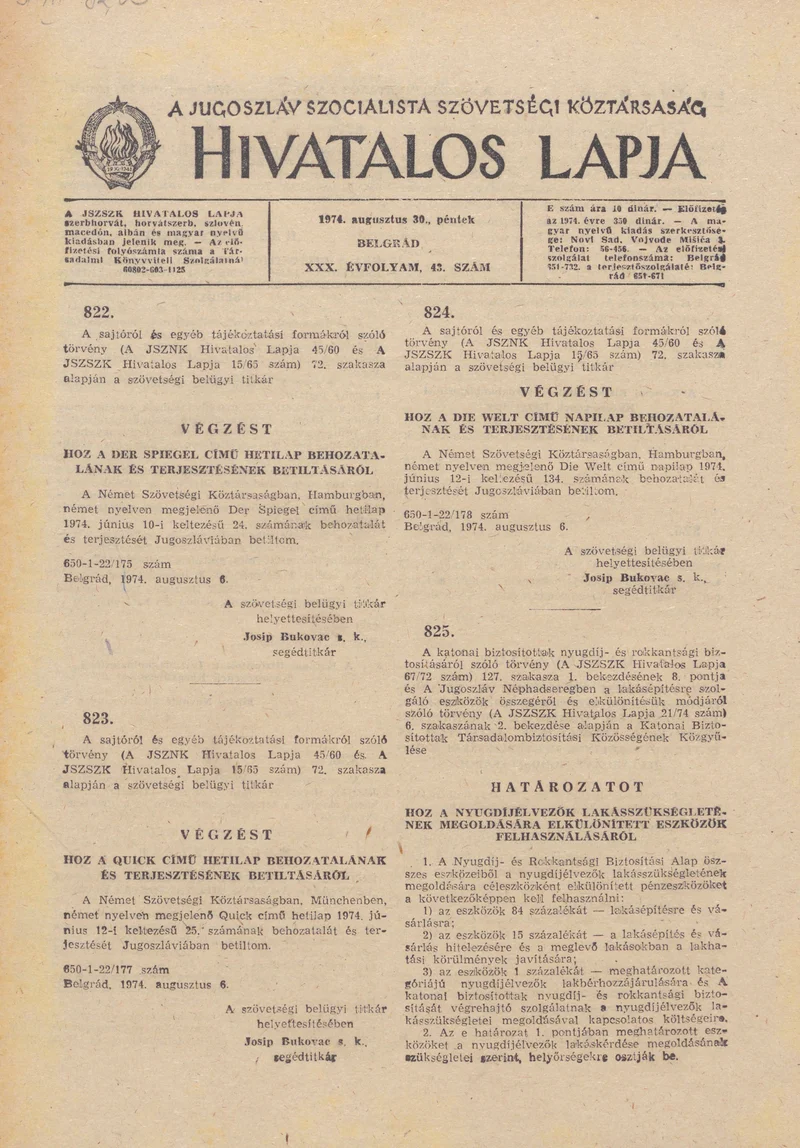 A Jugoszláv Szocialista Szövetségi Köztársaság Hivatalos Lapja, 30. évf. 1974. augusztus 30. 43. sz. 1417–1428. oldal
