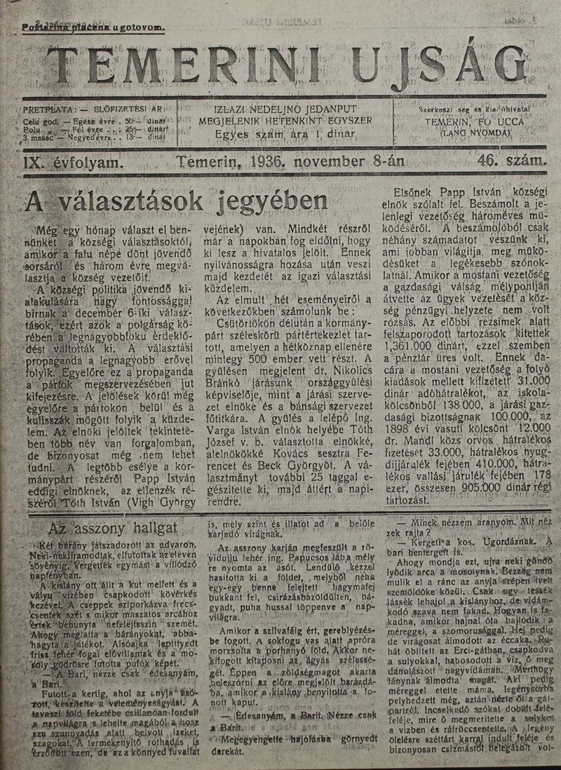 Temerini Újság 1928-1944, 9. évf. 1936. november 8. 46. sz.
