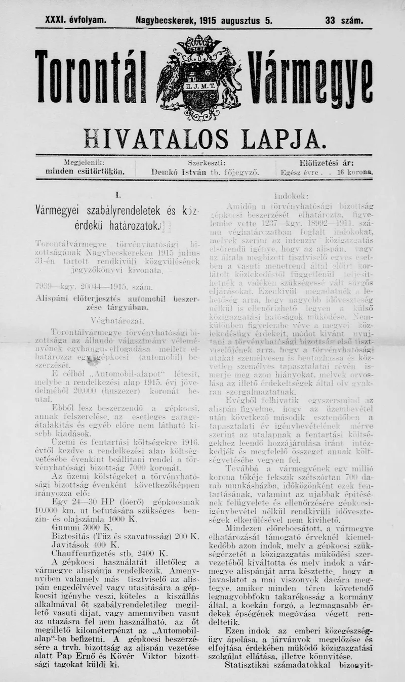Torontál Vármegye Hivatalos Lapja, 31. évf. 1915. augusztus 5. 33. sz.