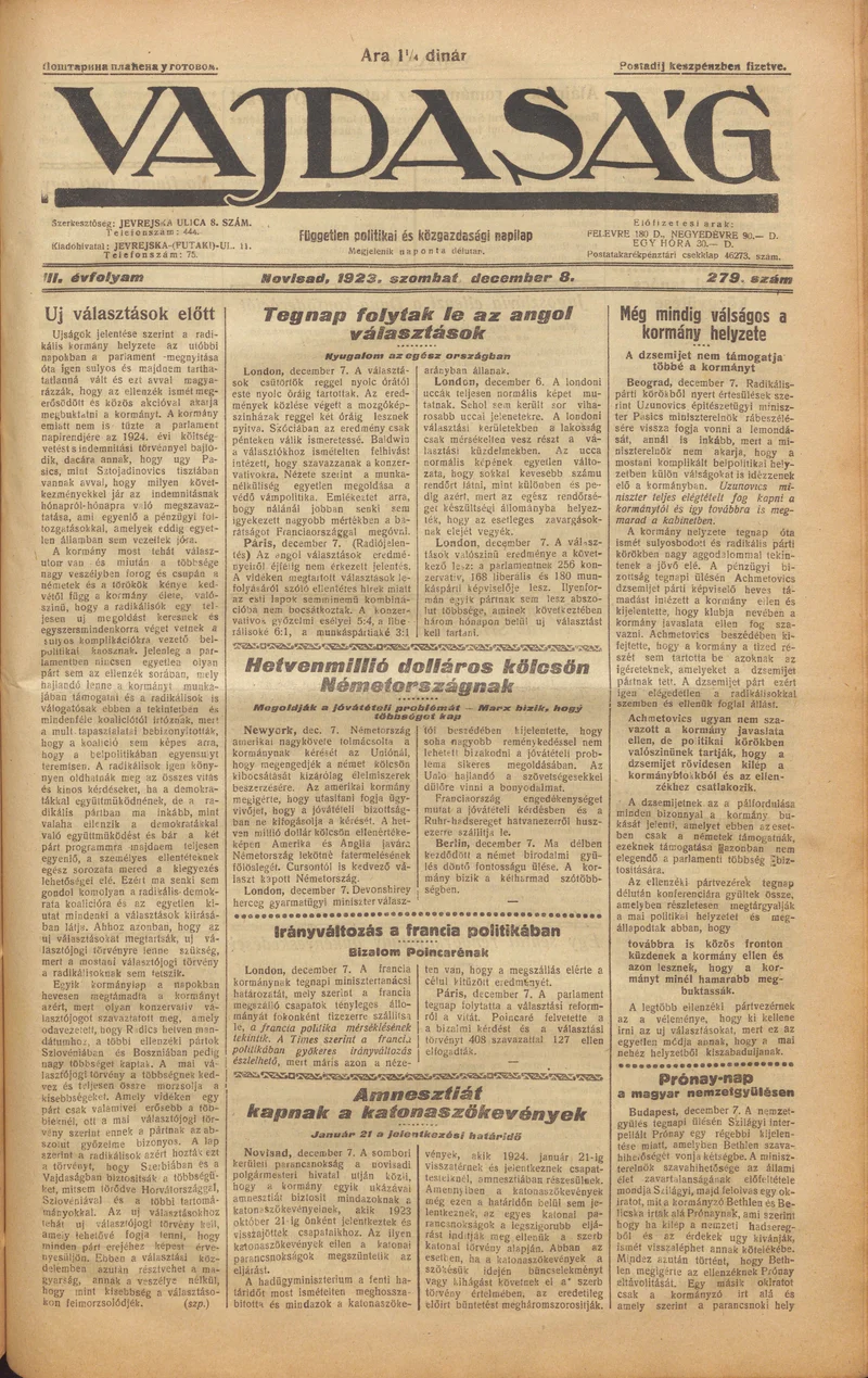 Vajdaság, 3. évf. 1923. december 8. 279. sz.