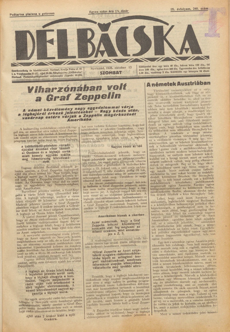 Délbácska, 9. évf. 1928. október 13. 240. sz.