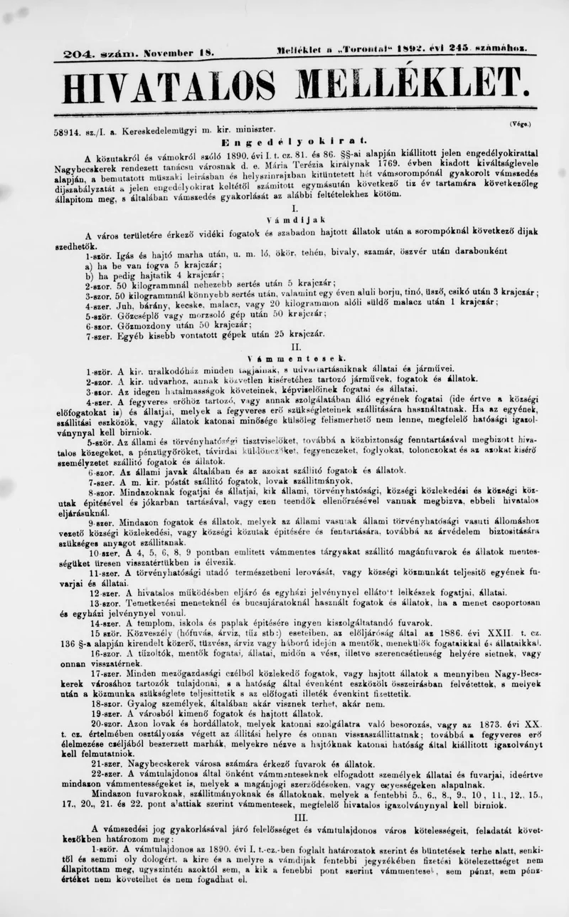 A Totontál  hivatalos melléklete, 5. évf. 1892. november 18. 204. sz.