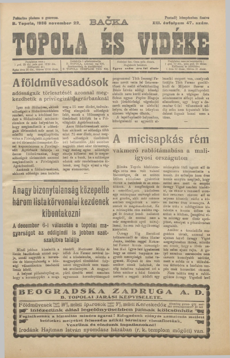 Bačka Topola és Vidéke, 13. évf. 1936. november 22. 47. sz.
