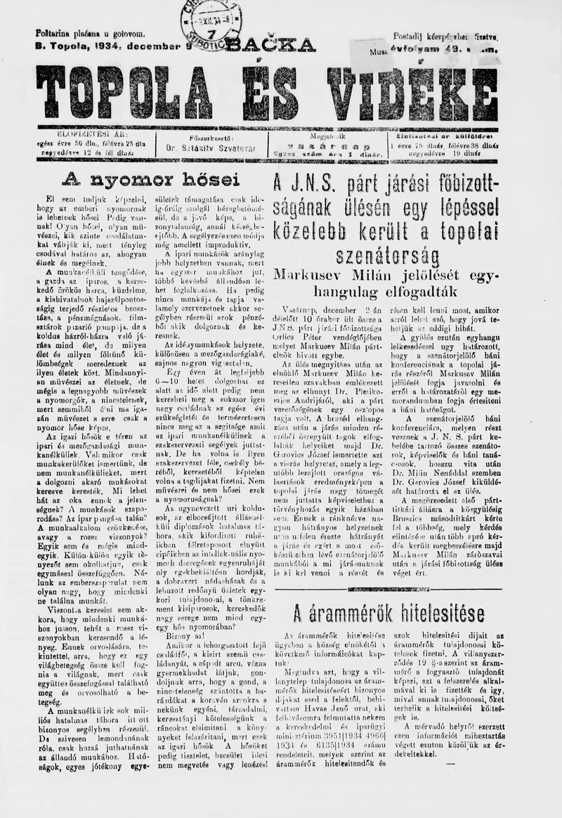 Bačka Topola és Vidéke, 11. évf. 1934. december 9. 49. sz.