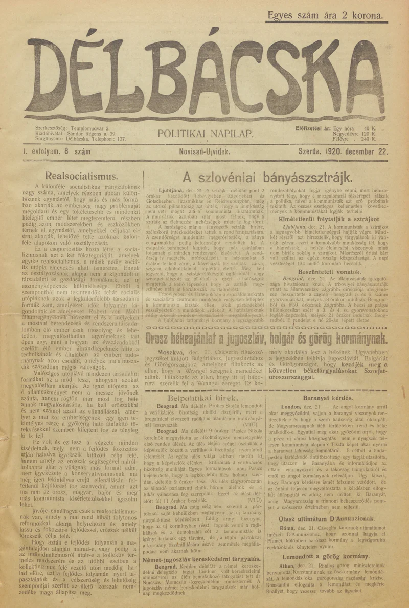 Délbácska, 1. évf. 1920. december 22. 8. sz.