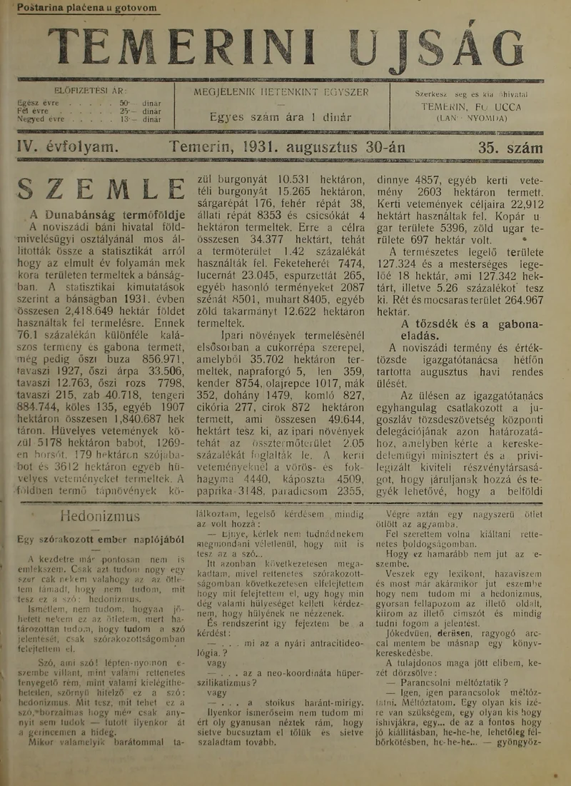 Temerini Újság 1928-1944, 4. évf. 1931. augusztus 30. 35. sz.