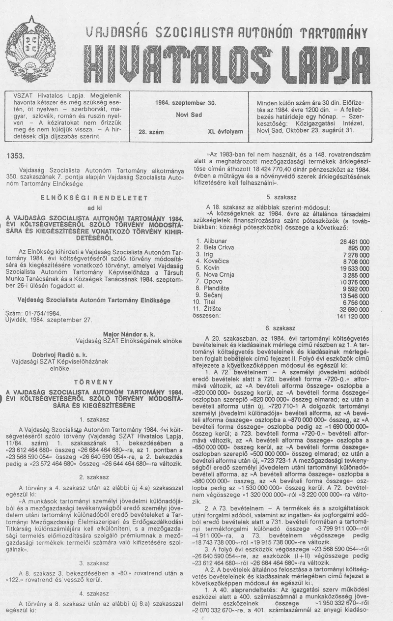 Vajdaság Szocialista Autonóm Tartomány Hivatalos Lapja, 40. évf. 1984. szeptember 30. 28. sz.