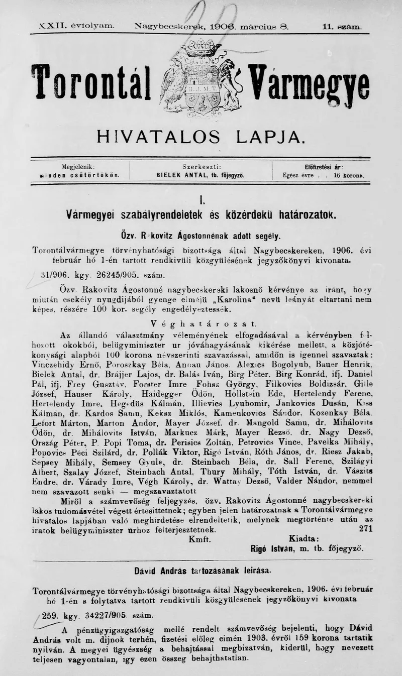 Torontál Vármegye Hivatalos Lapja, 22. évf. 1906. március 8. 11. sz.