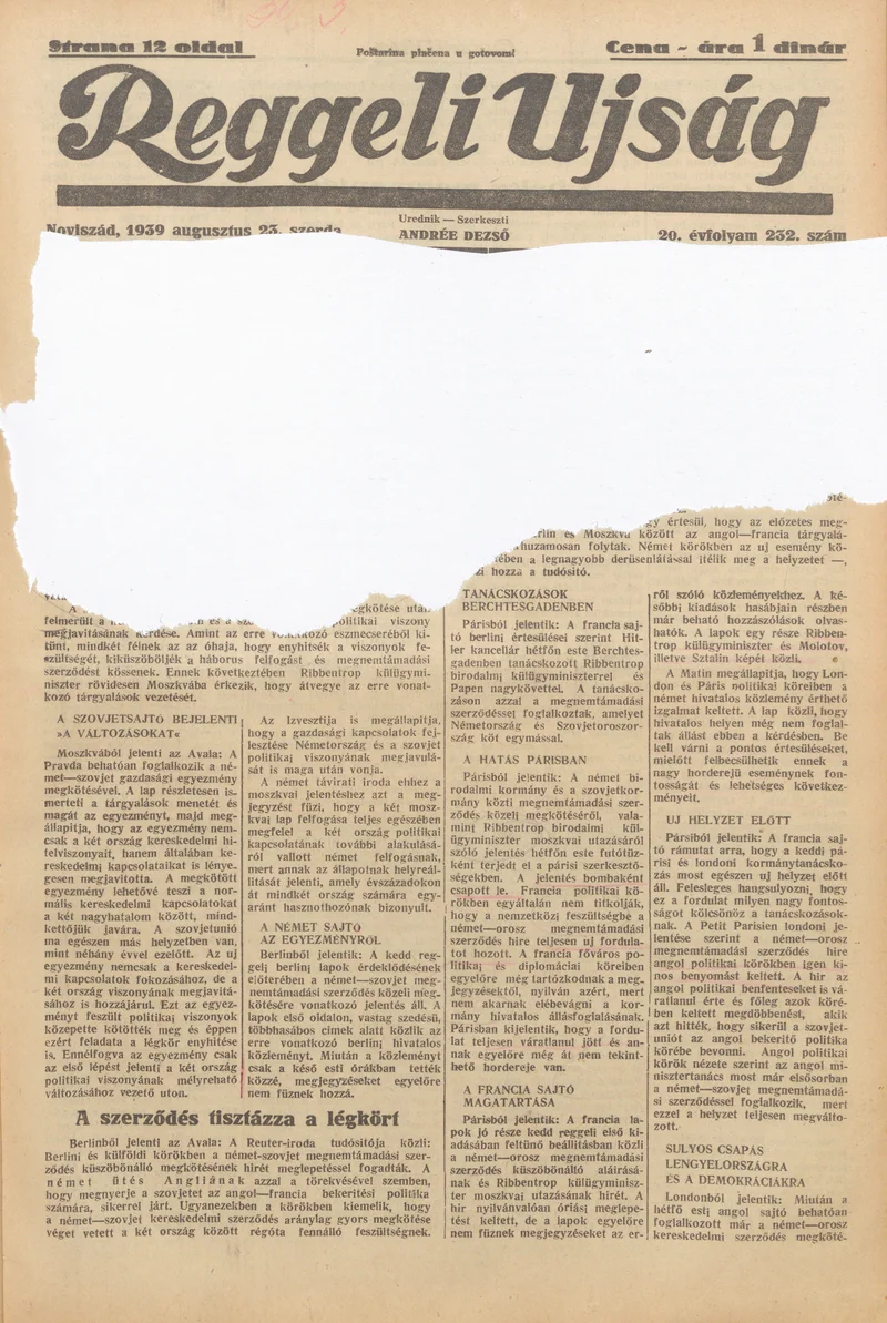 Reggeli Újság, 20. évf. 1939. augusztus 23. 232. sz.