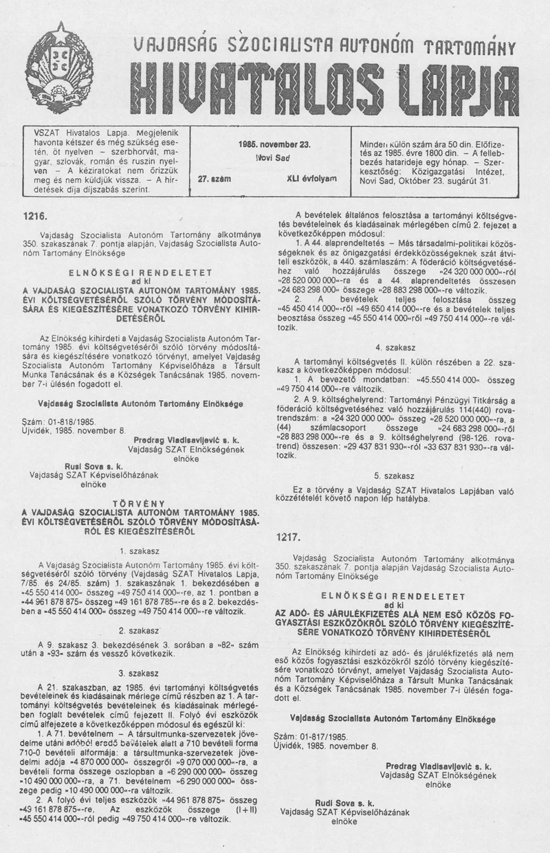 Vajdaság Szocialista Autonóm Tartomány Hivatalos Lapja, 41. évf. 1985. november 23. 27. sz.