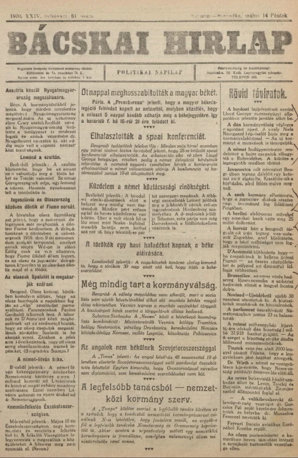 Bácskai Hirlap, 24. évf. 1920. május 14. 61. sz.