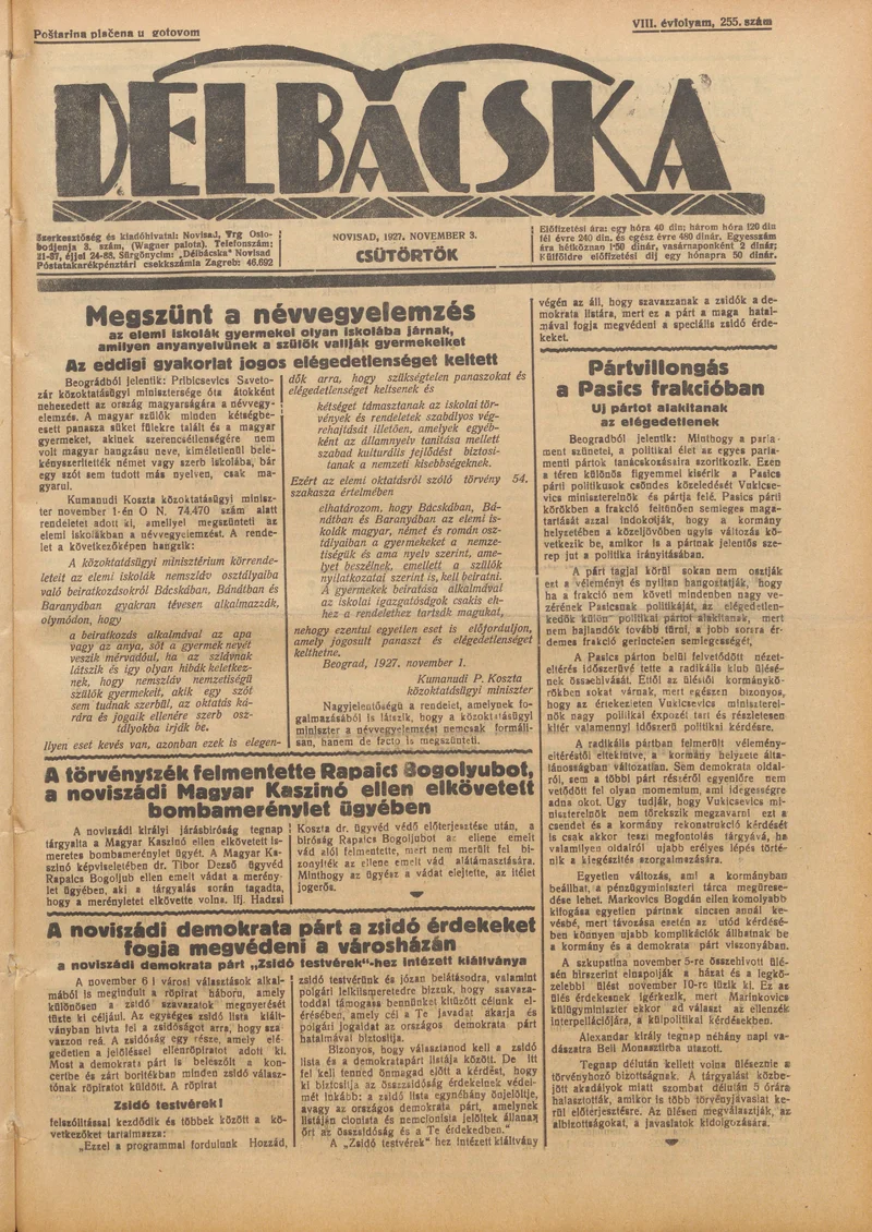 Délbácska, 8. évf. 1927. november 3. 255. sz.