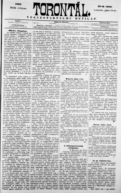 Torontál, 5. évf. 1876. július 13. 28. sz.