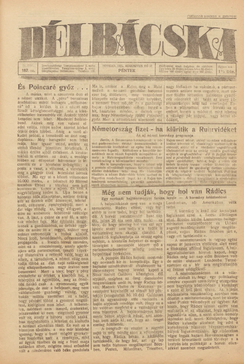 Délbácska, 4. évf. 1923. augusztus 17. 187. sz.