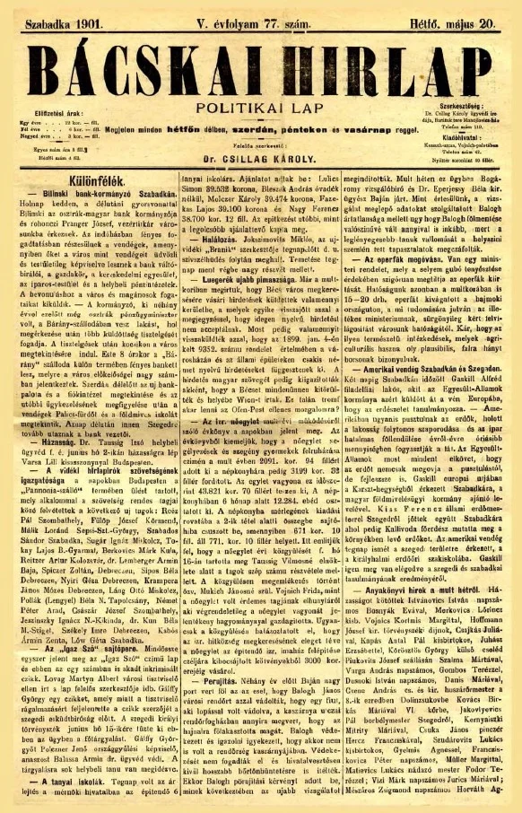 Bácskai Hirlap, 5. évf. 1901. május 20. 77. sz.