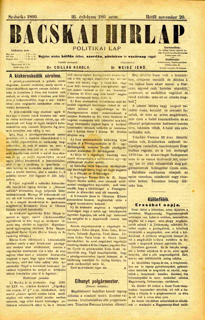 Bácskai Hirlap, 3. évf. 1899. november 20. 180. sz.