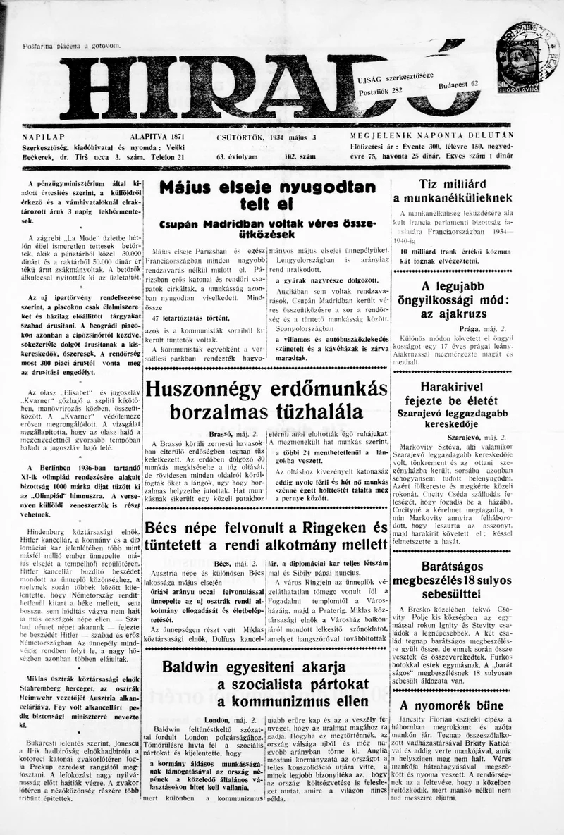 Híradó, 63. évf. 1934. május 3. 102. sz.