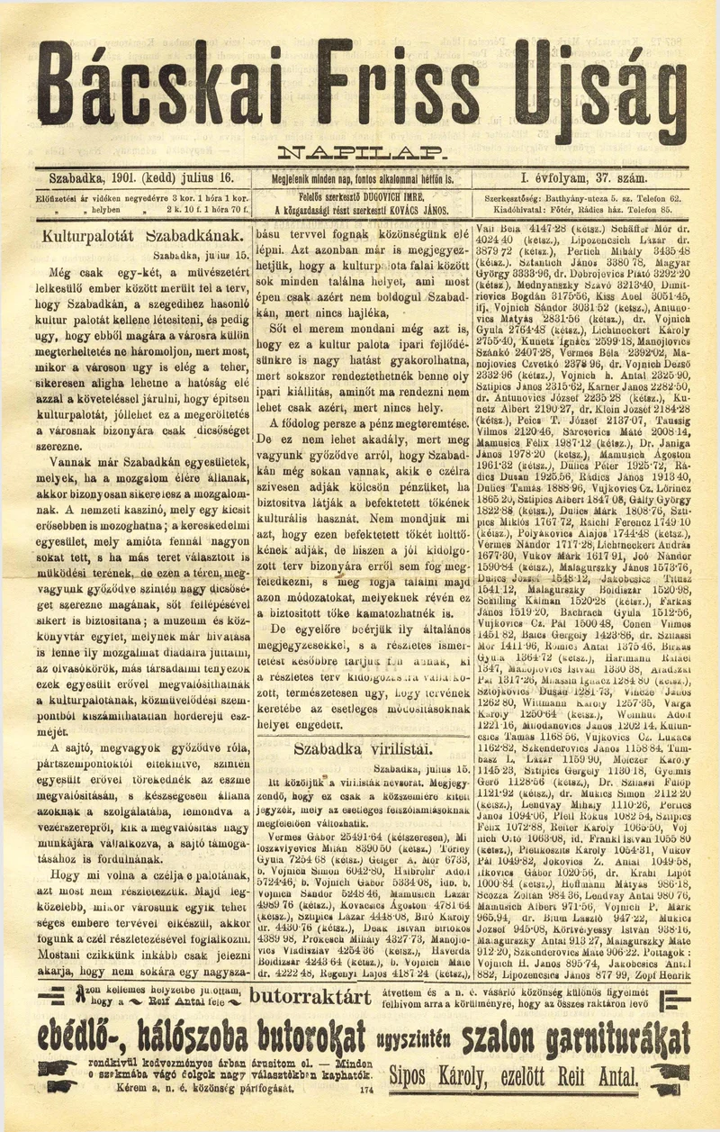 Bácskai Friss Ujság, 1. évf. 1901. július 16. 37. sz.