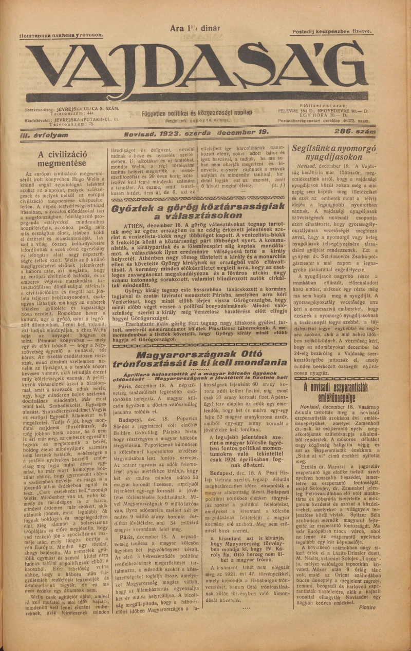Vajdaság, 3. évf. 1923. december 19. 286. sz.