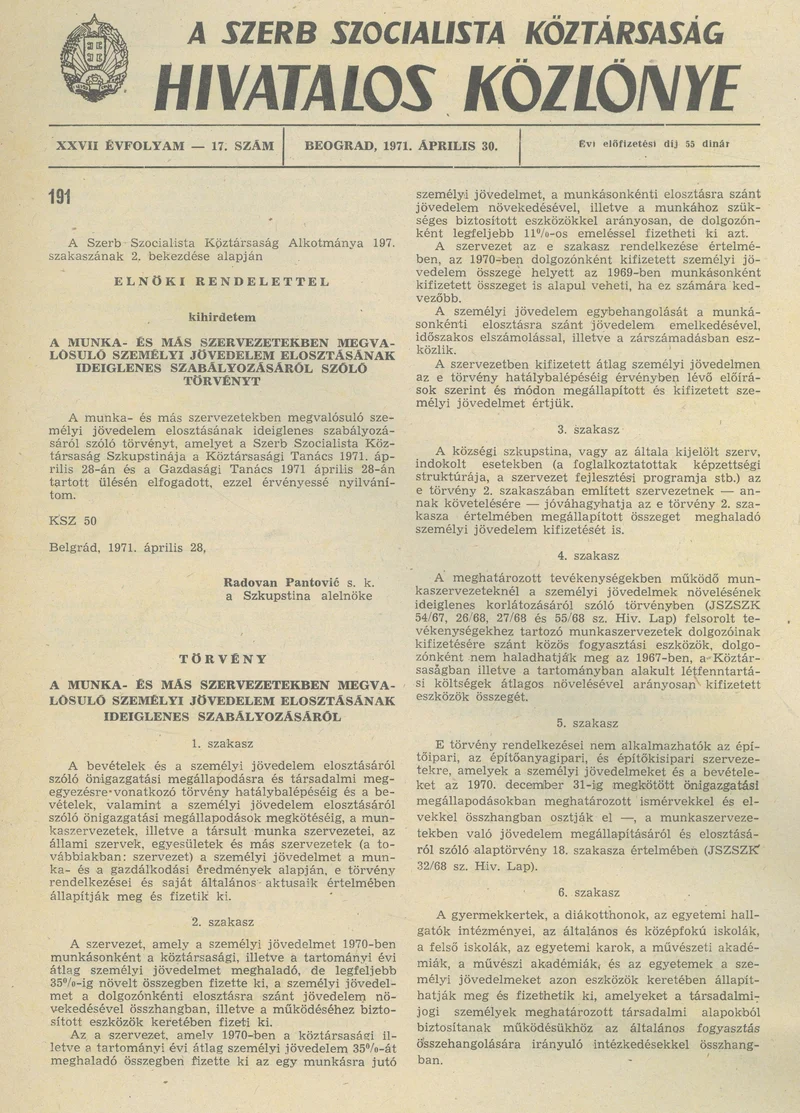 A Szerb Szocialista Köztársaság Hivatalos Közlönye, 27. évf. 1971. április 30. 17. sz. 401–404. oldal