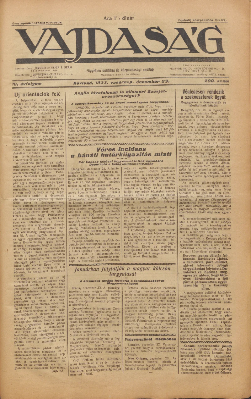 Vajdaság, 3. évf. 1923. december 23. 290. sz.