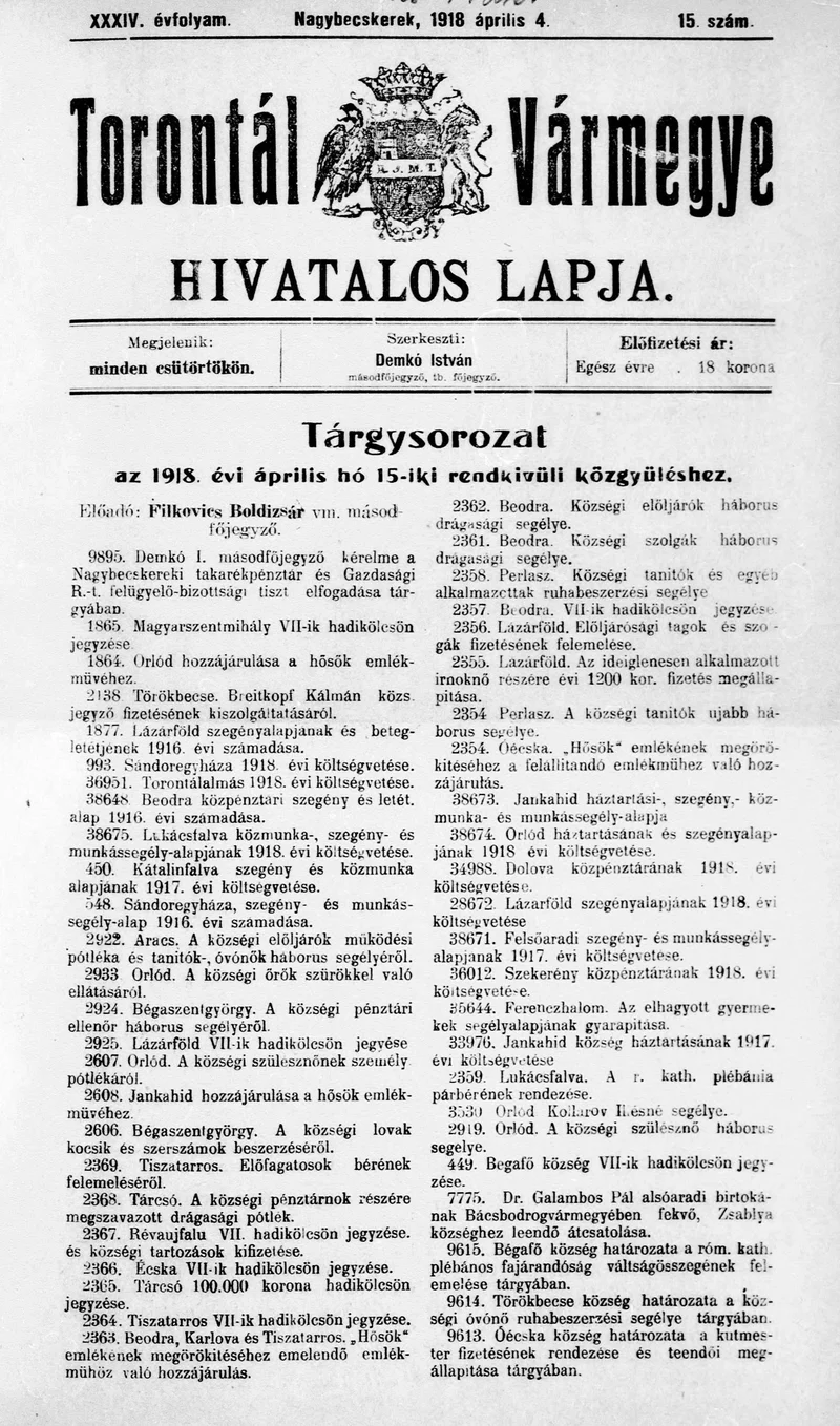 Torontál Vármegye Hivatalos Lapja, 34. évf. 1918. április 4. 15. sz.