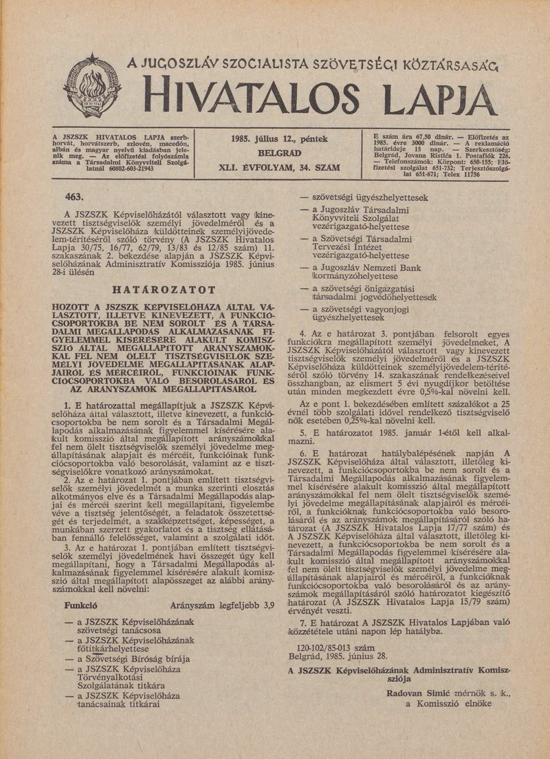 A Jugoszláv Szocialista Szövetségi Köztársaság Hivatalos Lapja, 41. évf. 1985. július 12. 34. sz. 1061–1096. oldal