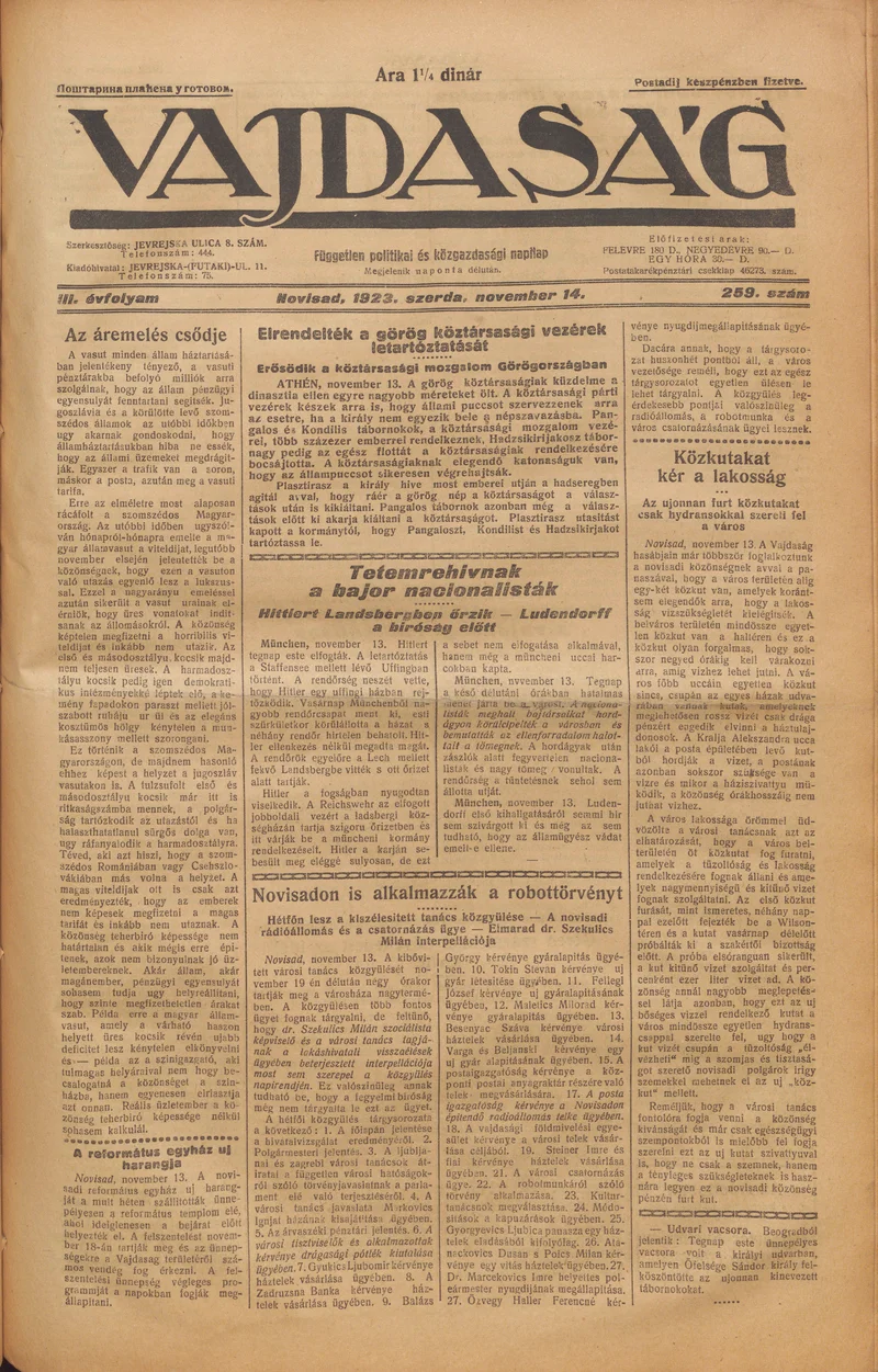 Vajdaság, 3. évf. 1923. november 14. 259. sz.