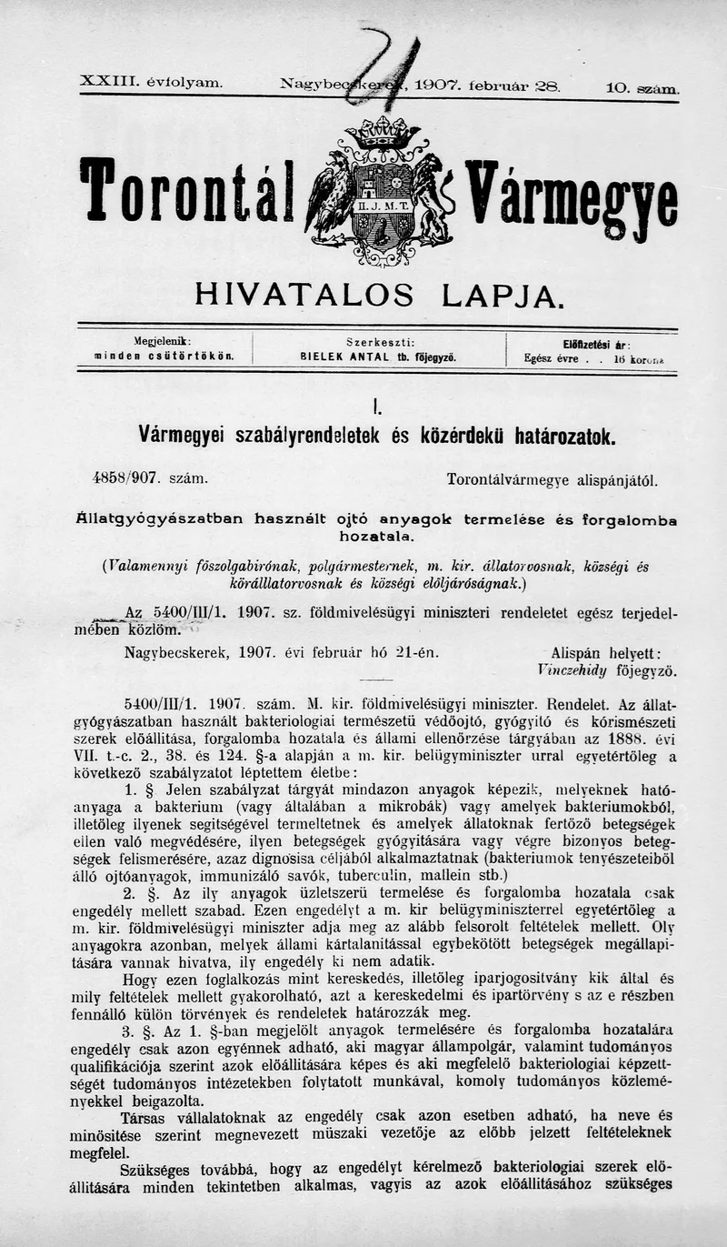 Torontál Vármegye Hivatalos Lapja, 23. évf. 1907. február 28. 10. sz.