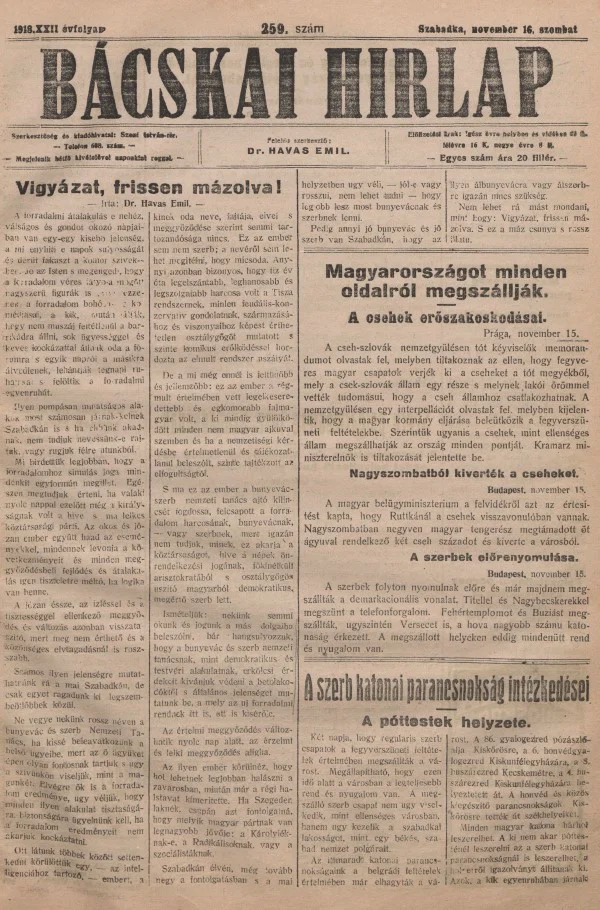 Bácskai Hirlap, 22. évf. 1918. november 16. 259. sz.