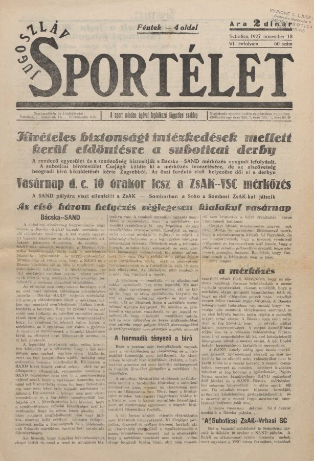 Jugoszláv sportélet, 6. évf. 1927. november 18. 60. sz.