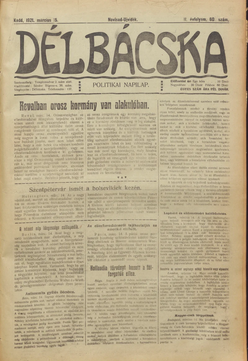 Délbácska, 2. évf. 1921. március 15. 60. sz.
