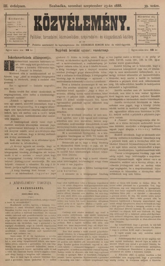 Közvélemény, 3. évf. 1888. szeptember 23. 39. sz.