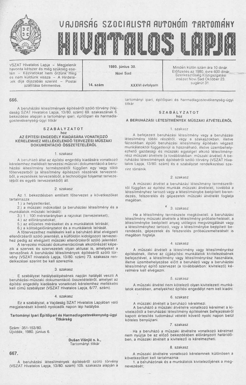 Vajdaság Szocialista Autonóm Tartomány Hivatalos Lapja, 36. évf. 1980. június 30. 14. sz. 843–866. oldal