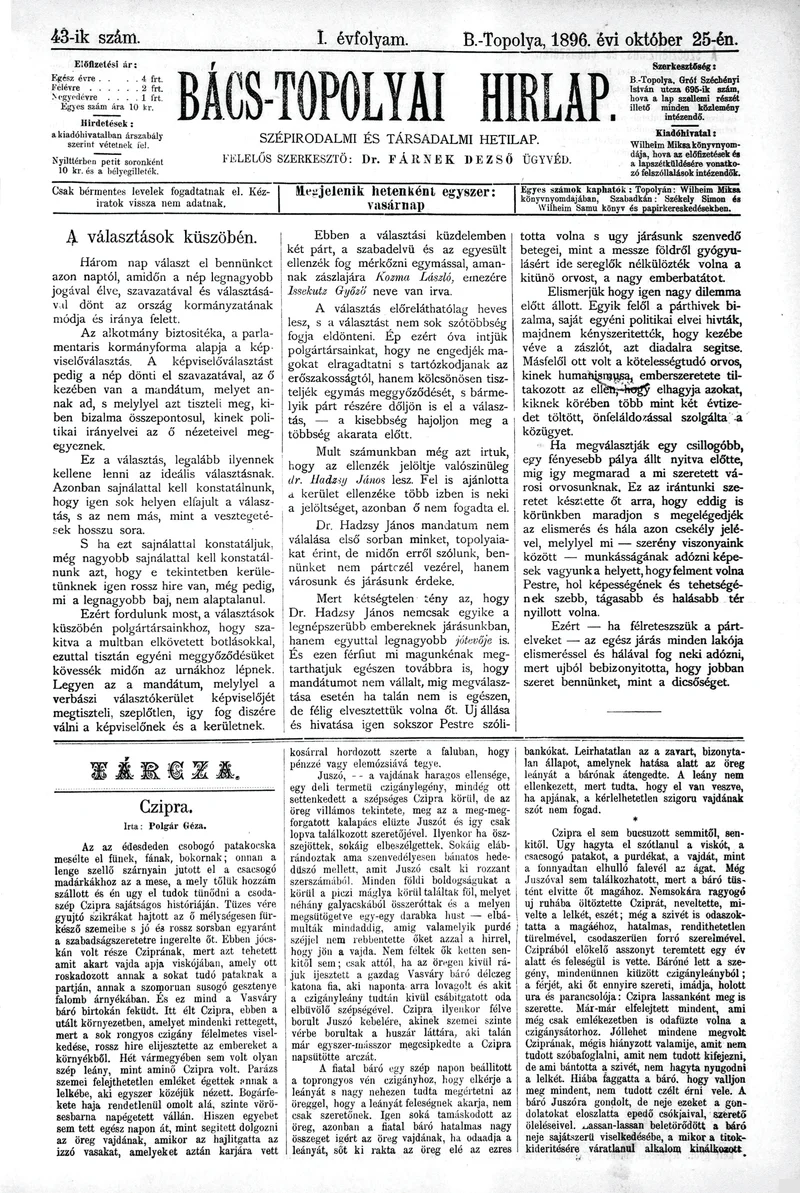 Bács-Topolyai Hirlap, 1. évf. 1896. október 25. 43. sz.