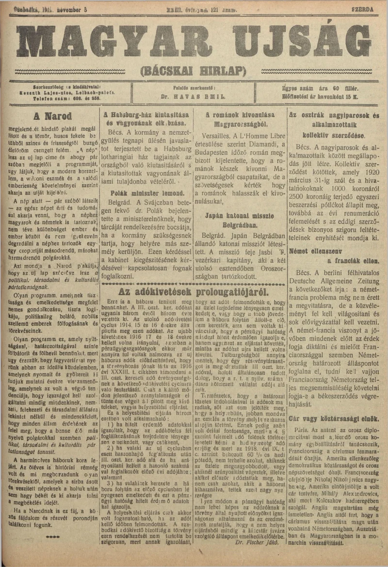 Bácskai Hirlap, 23. évf. 1919. november 5. 121. sz.