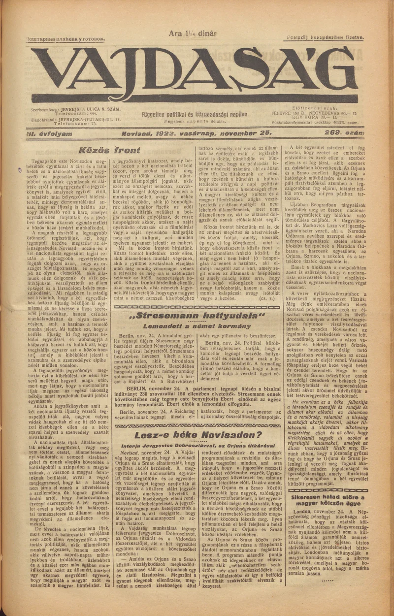 Vajdaság, 3. évf. 1923. november 25. 269. sz.