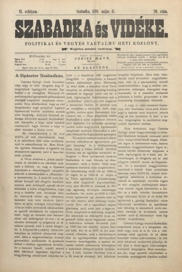 Szabadka és vidéke II, 6. évf. 1898. május 15. 20. sz.