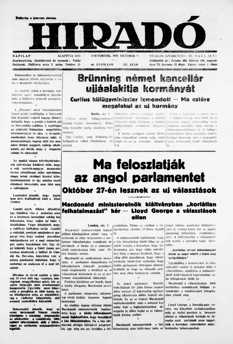 Híradó, 60. évf. 1931. október 8. 232. sz.