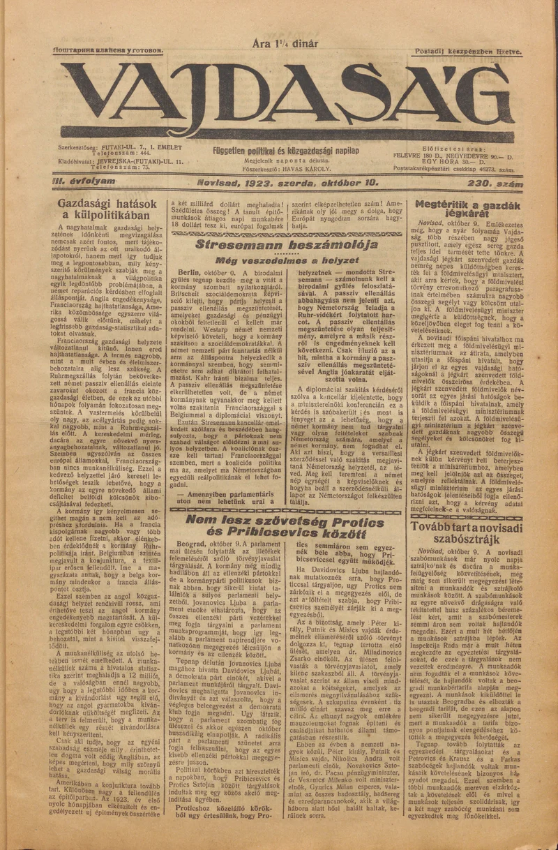 Vajdaság, 3. évf. 1923. október 10. 230. sz.