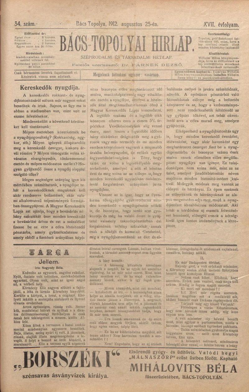 Bács-Topolyai Hirlap, 17. évf. 1912. augusztus 25. 34. sz.