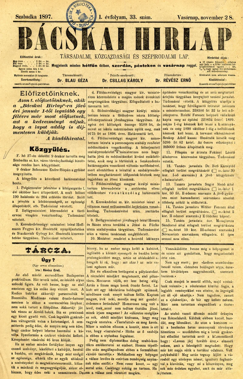 Bácskai Hirlap, 1. évf. 1897. november 28. 33. sz. 1–2. oldal
