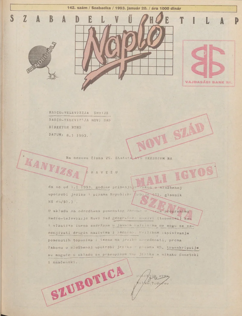 Napló - Szabadelvű hetilap, 4. évf. 1993. január 20. 142. sz.