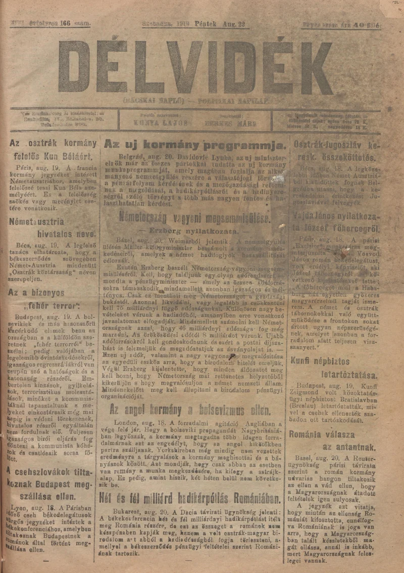 Délvidék, 13. évf. 1919. augusztus 22. 166. sz.