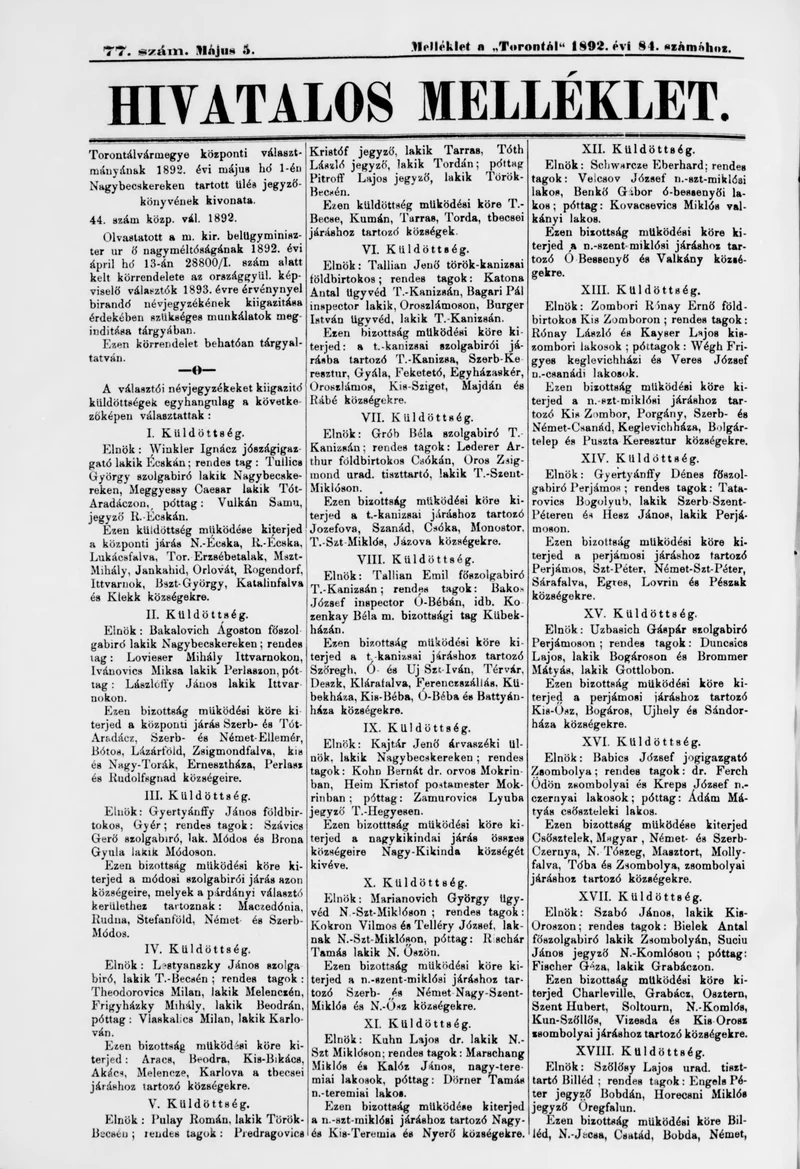 A Totontál  hivatalos melléklete, 5. évf. 1892. május 5. 77. sz.